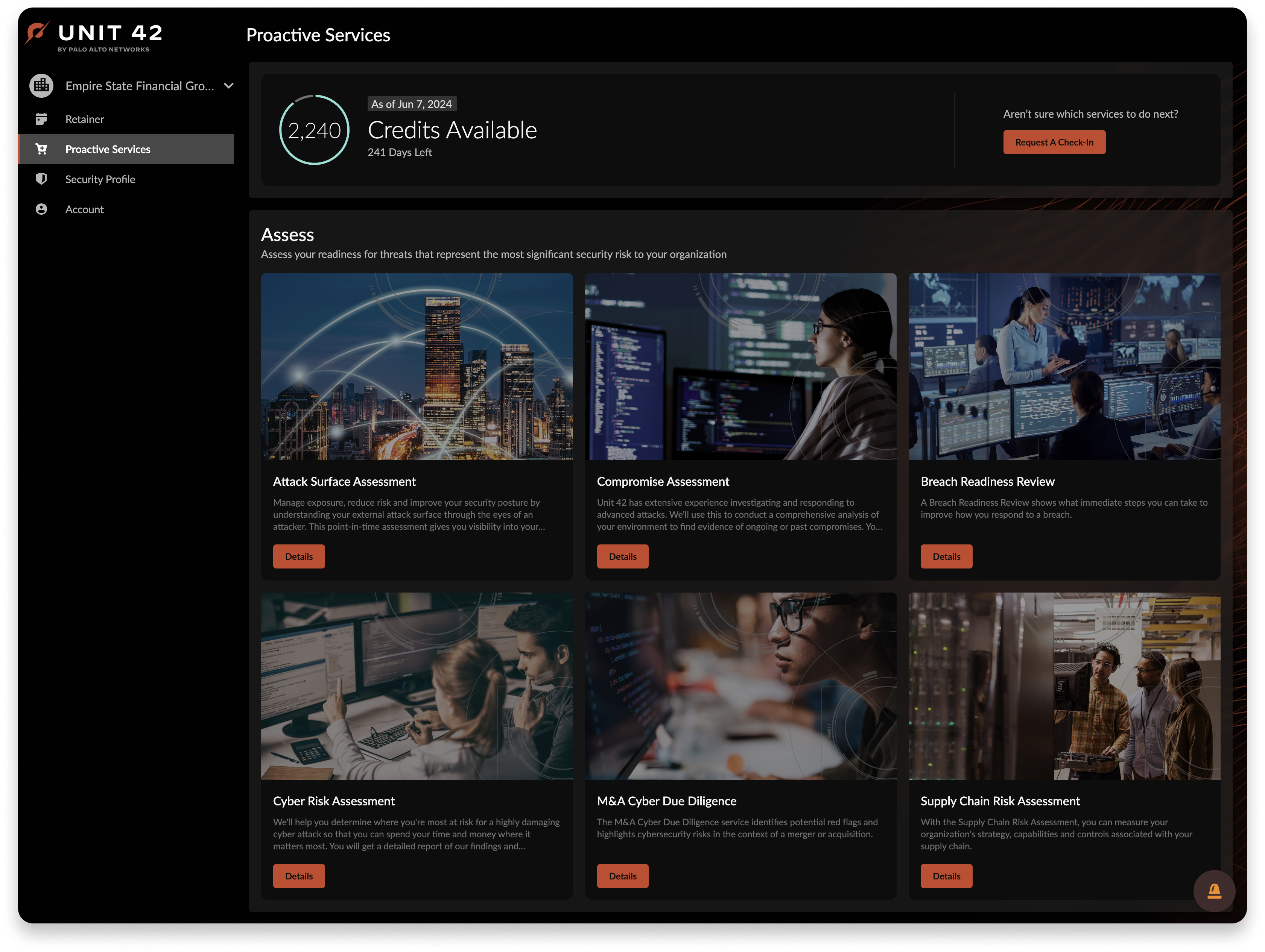 Screenshot of Unit 42 proactive services dashboard
